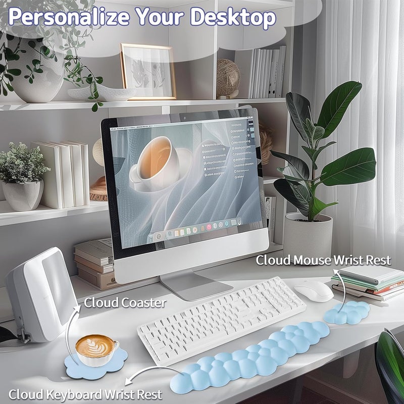 Sushret Cloud Wrist Rest for Keyboard and Mouse, Memory Foam PU Leather Keyboard Wrist Rest with Ergonomic Support, Non-Slip Base, Cute Arm Rest Pad & Palm Cushion, Office Desk Accessory, Blue - Image 2